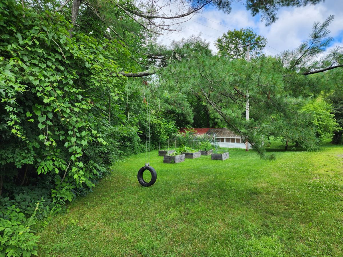 A tire swing and garden beds along the tree line